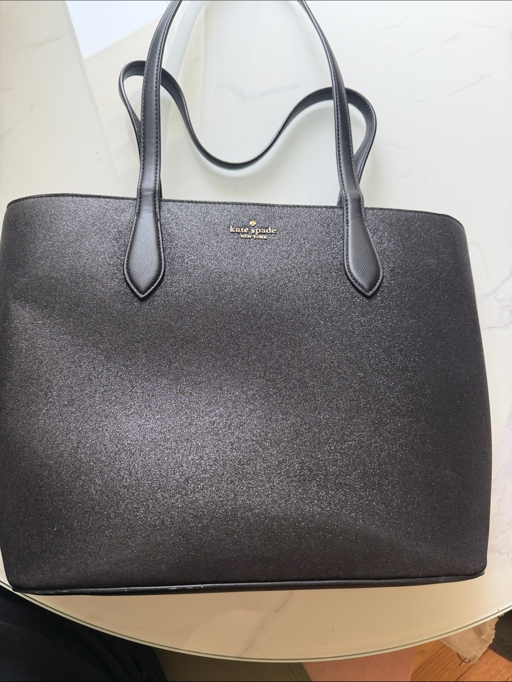kate spade Black Glitter Tote with Gold Logo Accent